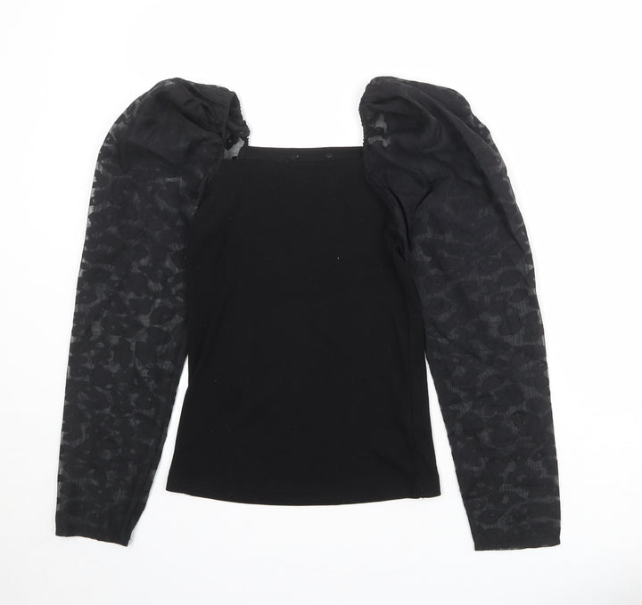 New Look Womens Black Animal Print Polyester Basic Blouse Size 10 Square Neck - Sheer Sleeves