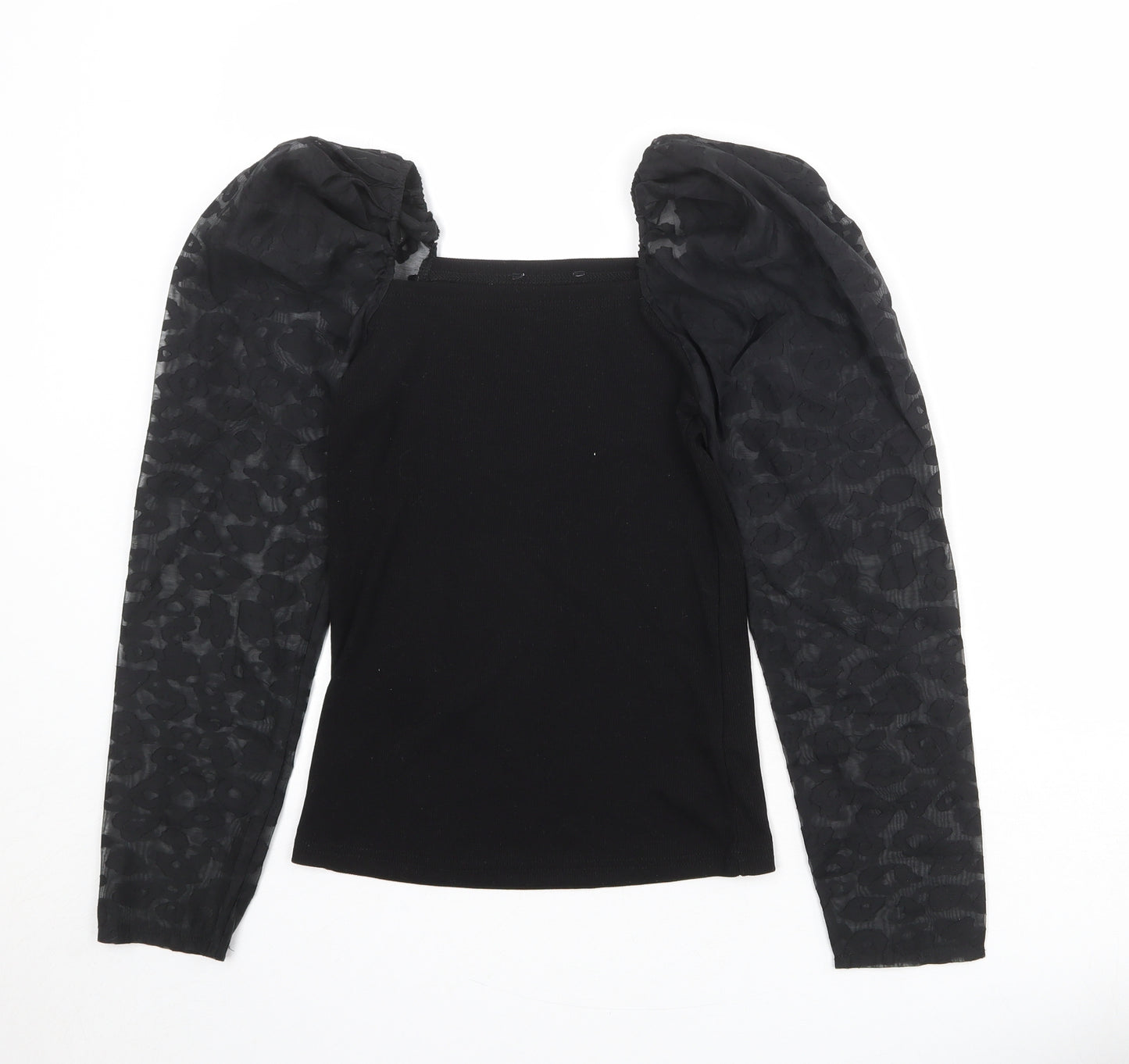 New Look Womens Black Animal Print Polyester Basic Blouse Size 10 Square Neck - Sheer Sleeves