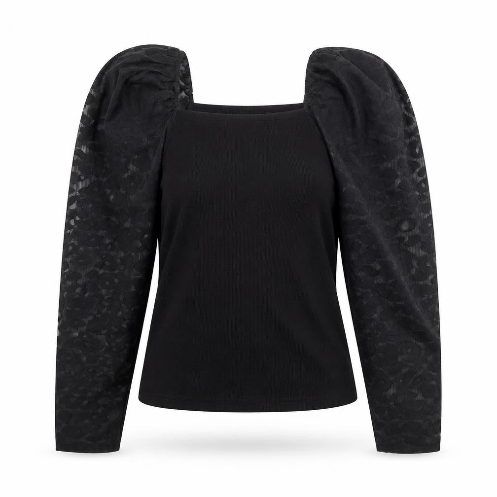 Front view of New Look women’s black animal print polyester basic blouse, size UK 10, square neck - sheer sleeves
