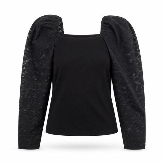 Front view of New Look women’s black animal print polyester basic blouse, size UK 10, square neck - sheer sleeves