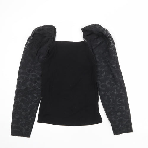 New Look Womens Black Animal Print Polyester Basic Blouse Size 10 Square Neck - Sheer Sleeves