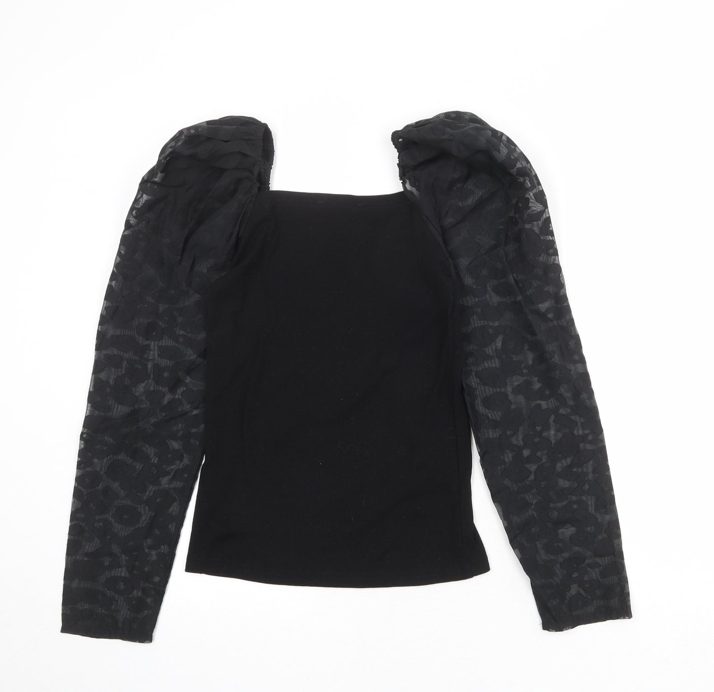 New Look Womens Black Animal Print Polyester Basic Blouse Size 10 Square Neck - Sheer Sleeves