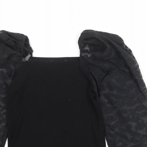New Look Womens Black Animal Print Polyester Basic Blouse Size 10 Square Neck - Sheer Sleeves