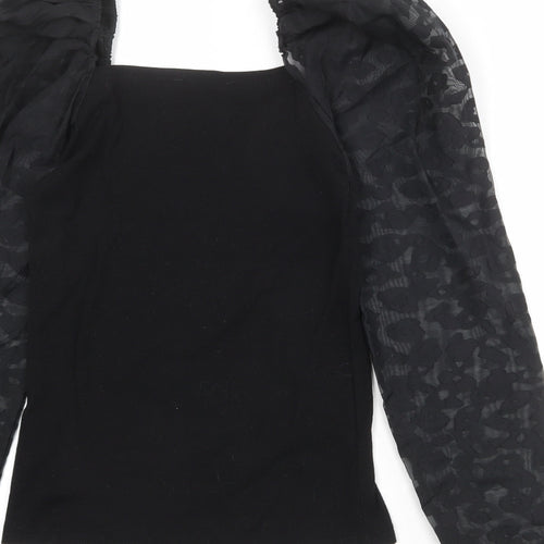 New Look Womens Black Animal Print Polyester Basic Blouse Size 10 Square Neck - Sheer Sleeves