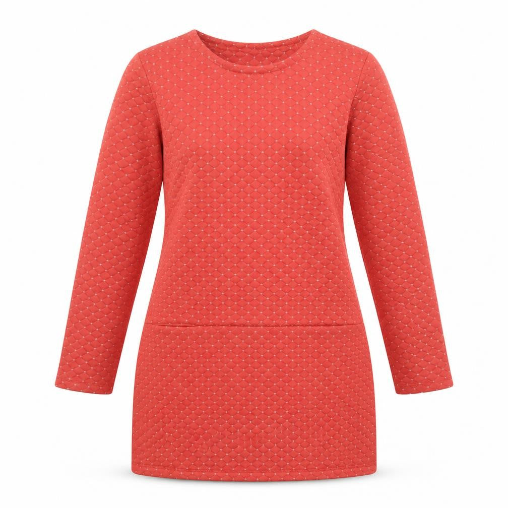 Front view of First Avenue women’s red geometric polyester a-line, size M, round neck pullover