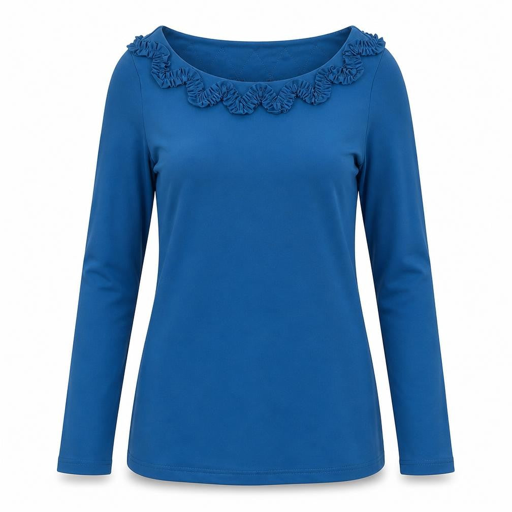 Front view of Nina Leonard women’s blue polyester tunic blouse, size S, boat neck