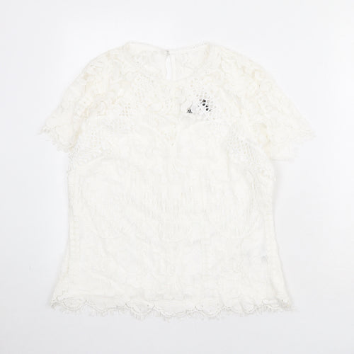 Lipsy Womens White Geometric Viscose Basic Blouse Size 12 Round Neck