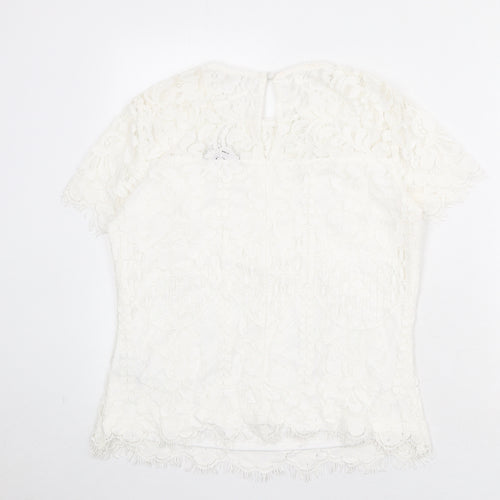 Lipsy Womens White Geometric Viscose Basic Blouse Size 12 Round Neck