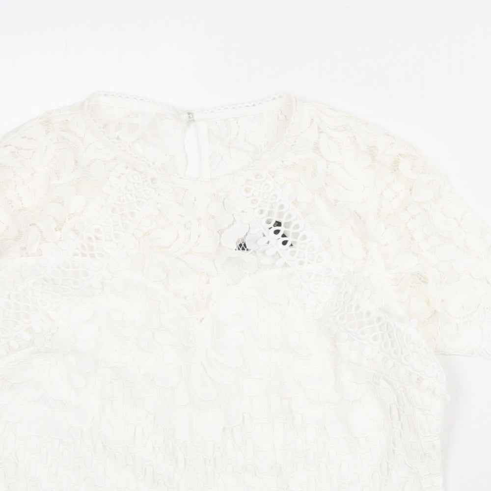 Lipsy Womens White Geometric Viscose Basic Blouse Size 12 Round Neck