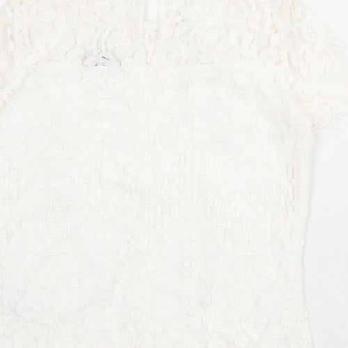 Lipsy Womens White Geometric Viscose Basic Blouse Size 12 Round Neck