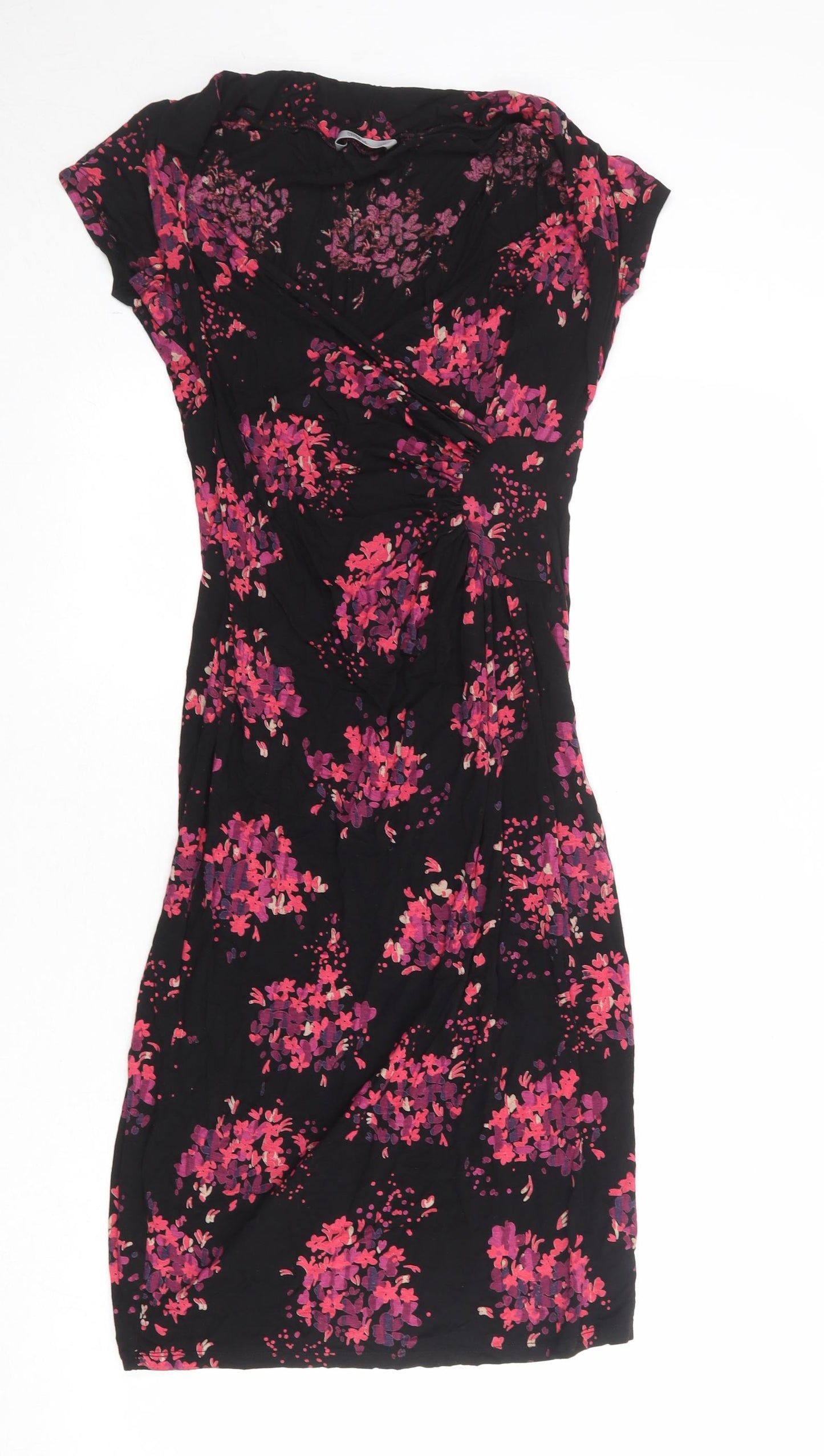 Marks and Spencer Womens Black Floral Viscose Bodycon Size 12 V-Neck Pullover