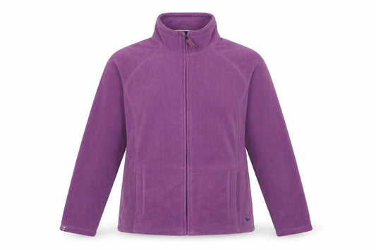 Front view of EWM women’s purple jacket, size M, zip