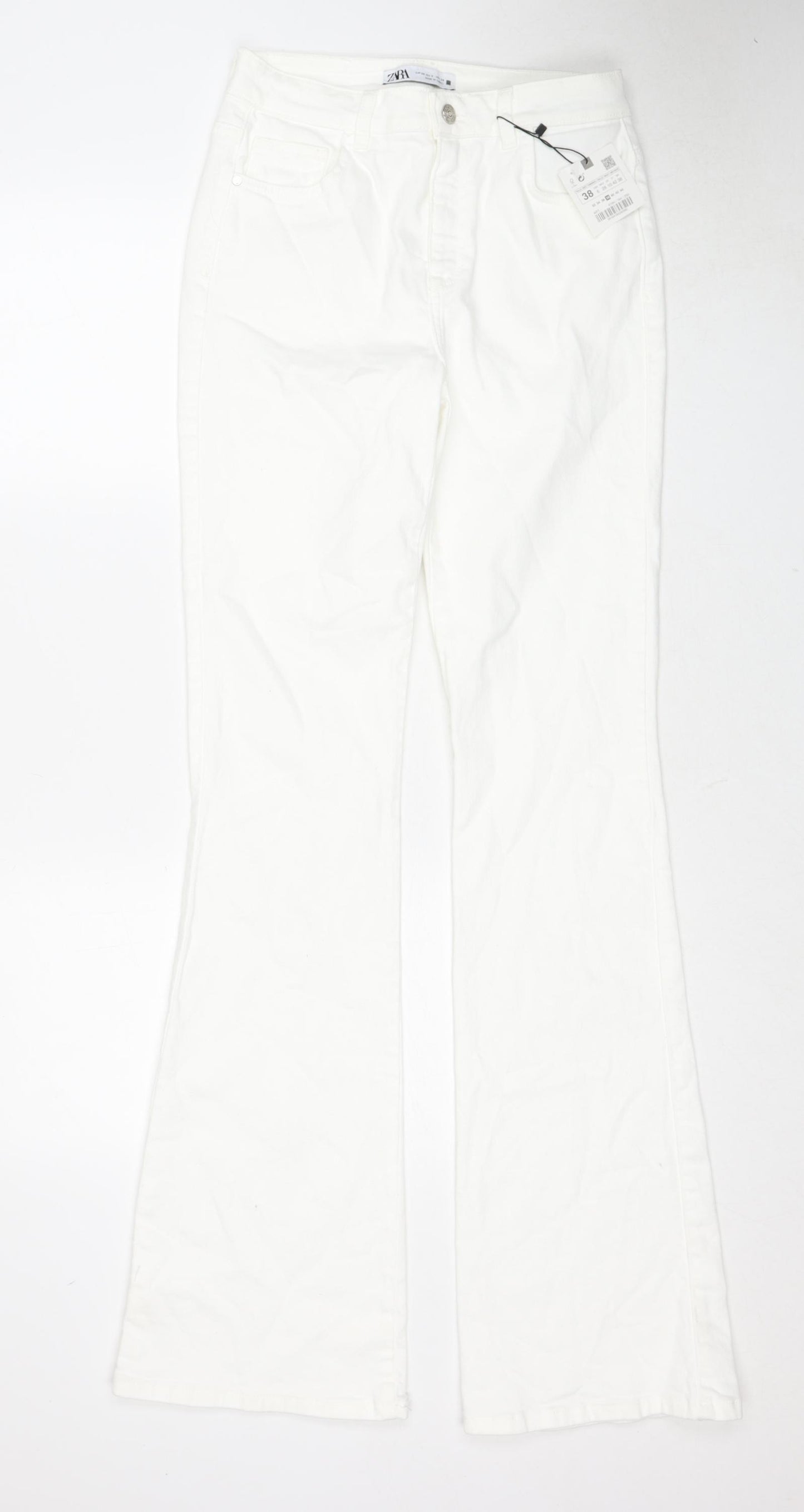 Zara Womens White Cotton Flared Jeans Size 10 Regular Zip