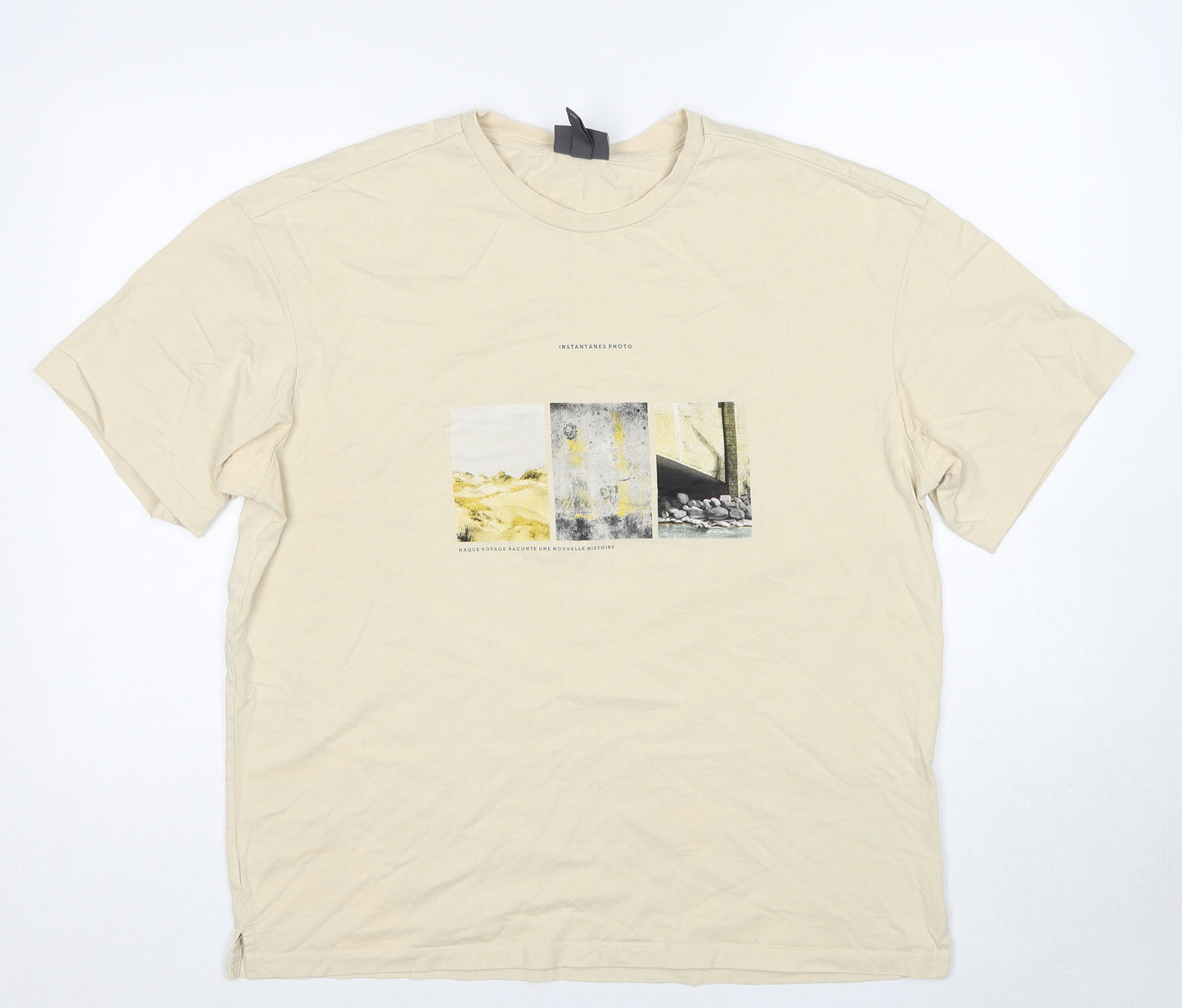 H&M Mens Beige Cotton T-Shirt Size M Round Neck - Instantanes Photo