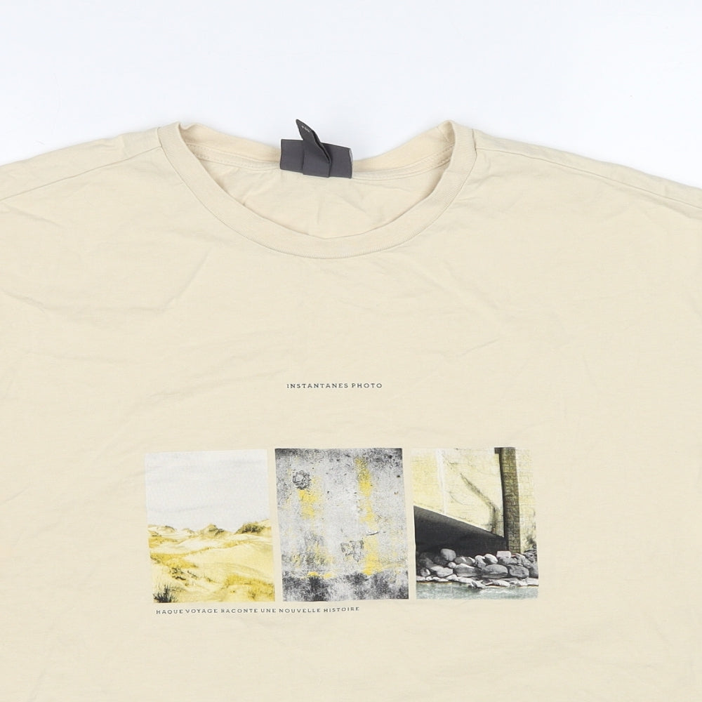 H&M Mens Beige Cotton T-Shirt Size M Round Neck - Instantanes Photo