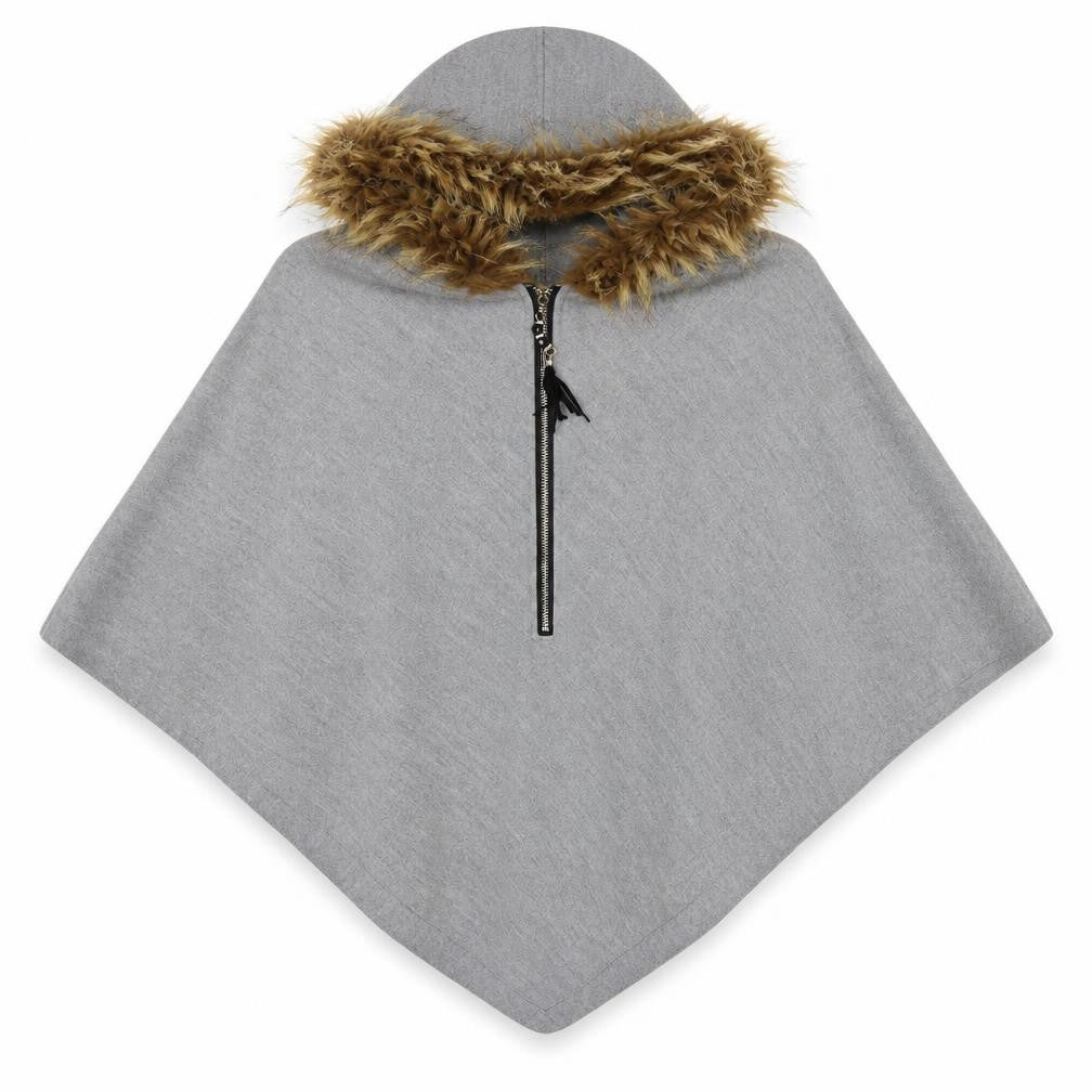 Front view of Izabel women’s grey jacket poncho, size M, zip