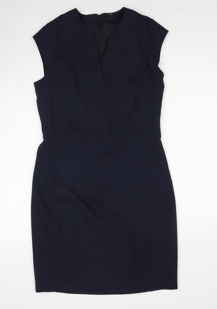 Mango Womens Blue Polyester Pencil Dress Size L V-Neck Zip - Cap Sleeve