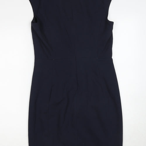 Mango Womens Blue Polyester Pencil Dress Size L V-Neck Zip - Cap Sleeve