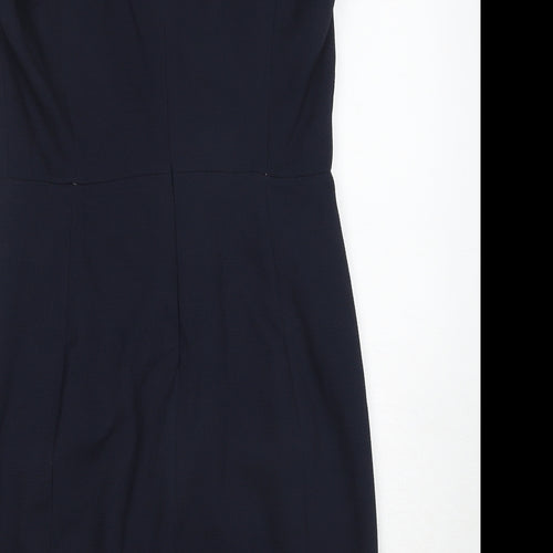 Mango Womens Blue Polyester Pencil Dress Size L V-Neck Zip - Cap Sleeve