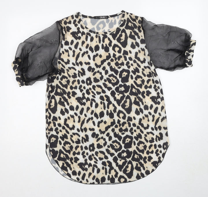 Quiz Womens Beige Animal Print Polyester Basic Blouse Size 10 Round Neck - Leopard Print