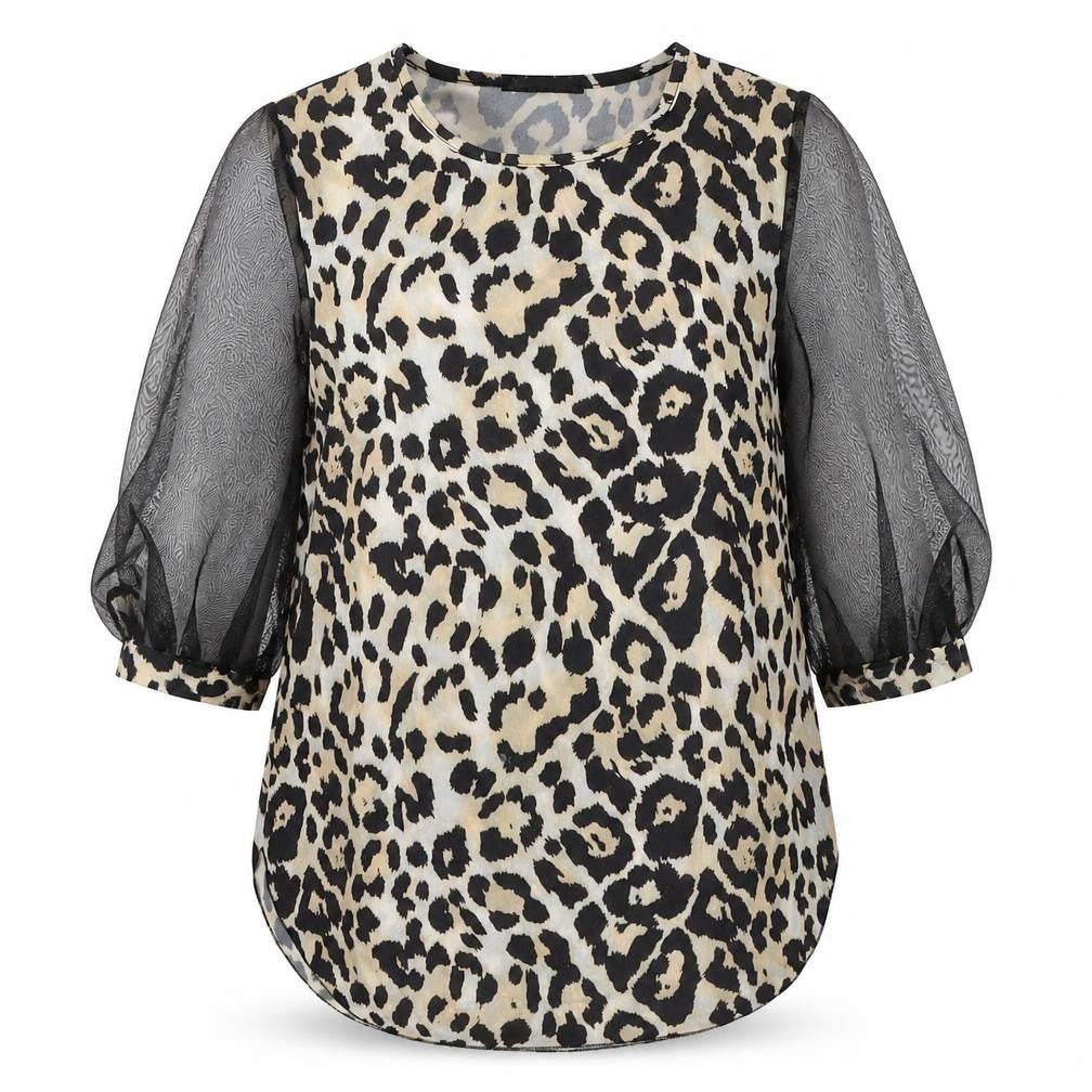 Front view of Quiz women’s beige animal print polyester basic blouse, size UK 10, round neck - leopard print