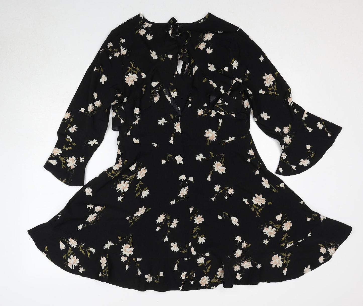 Boohoo Womens Black Floral Polyester Fit & Flare Size 12 Round Neck Pullover
