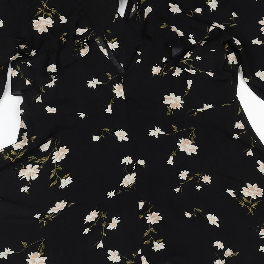 Boohoo Womens Black Floral Polyester Fit & Flare Size 12 Round Neck Pullover