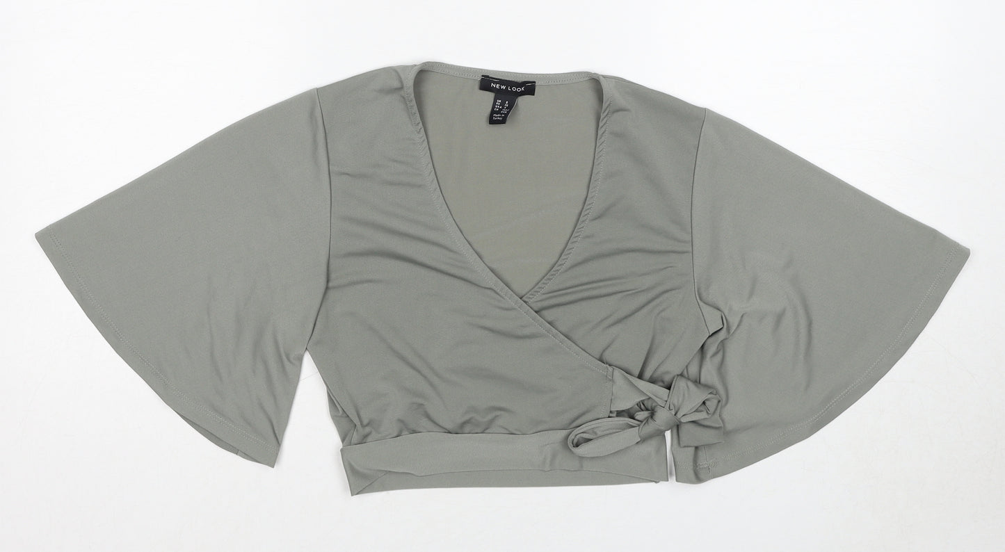 New Look Womens Grey Polyester Wrap Blouse Size 8 V-Neck - Cropped