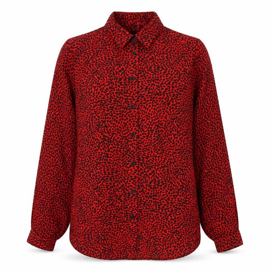 Front view of H&M women’s red geometric polyester basic button-up, size XS, collared - cheetah print