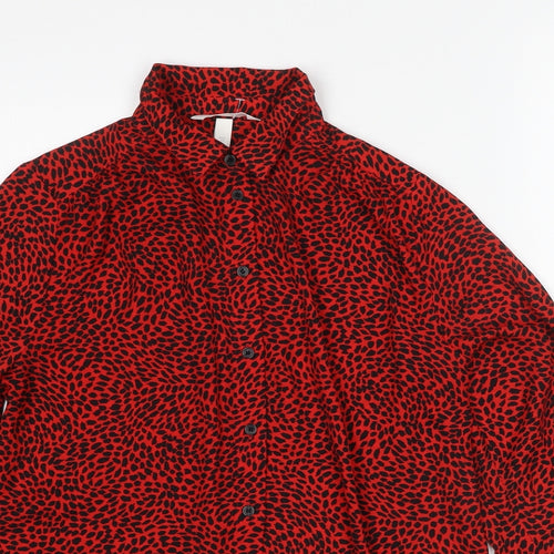 H&M Womens Red Geometric Polyester Basic Button-Up Size XS Collared - Cheetah Print