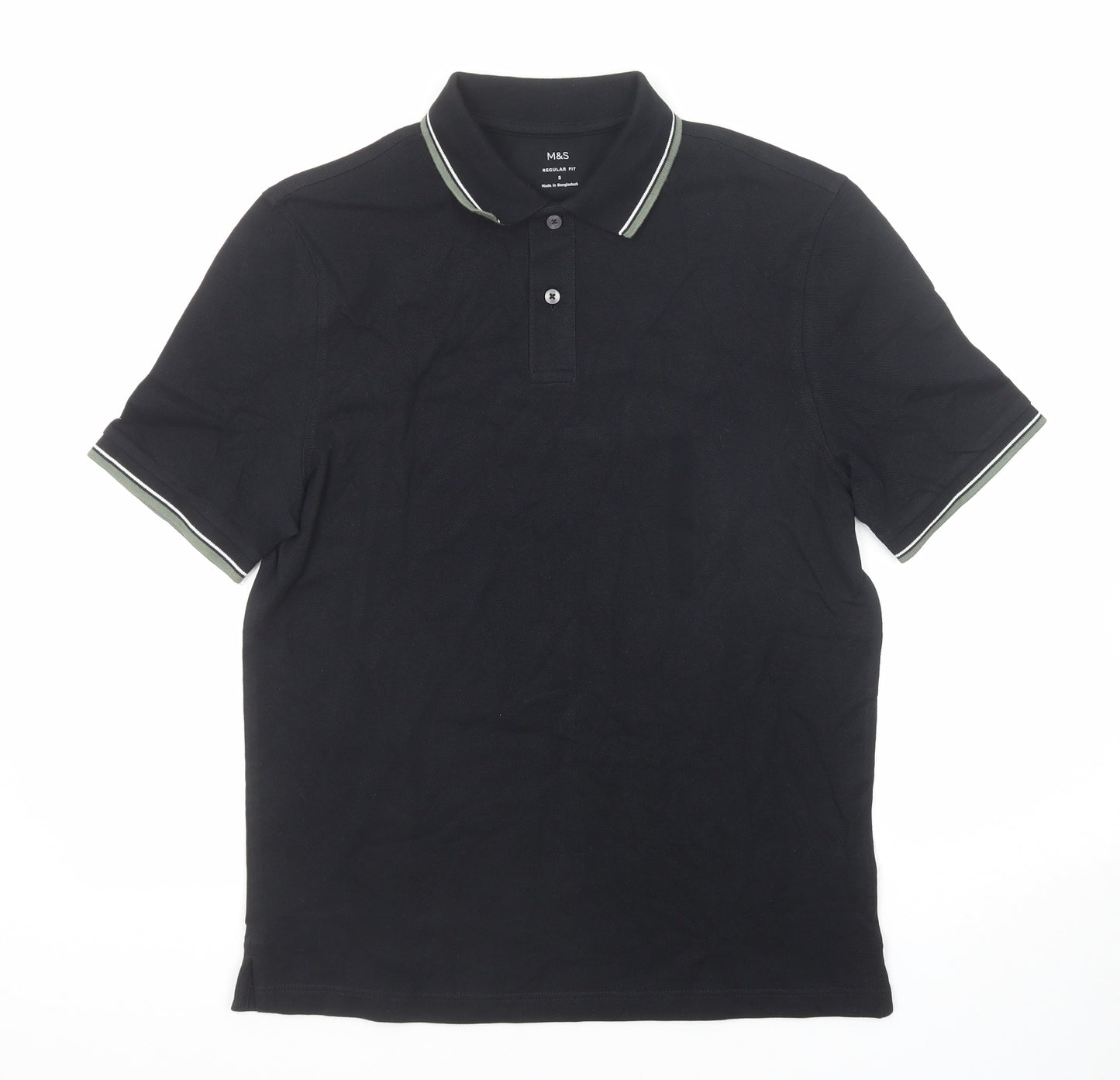 Marks and Spencer Mens Black Cotton Polo Size S Collared Button