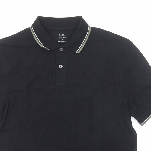 Marks and Spencer Mens Black Cotton Polo Size S Collared Button