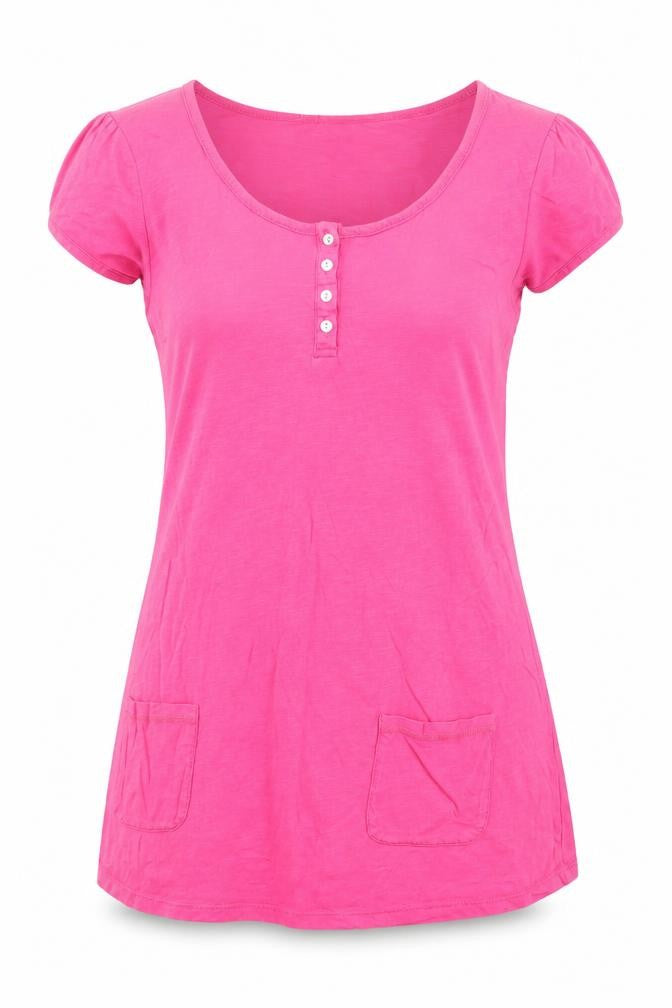 Front view of Monsoon women’s pink cotton basic t-shirt, size UK 12, boat neck