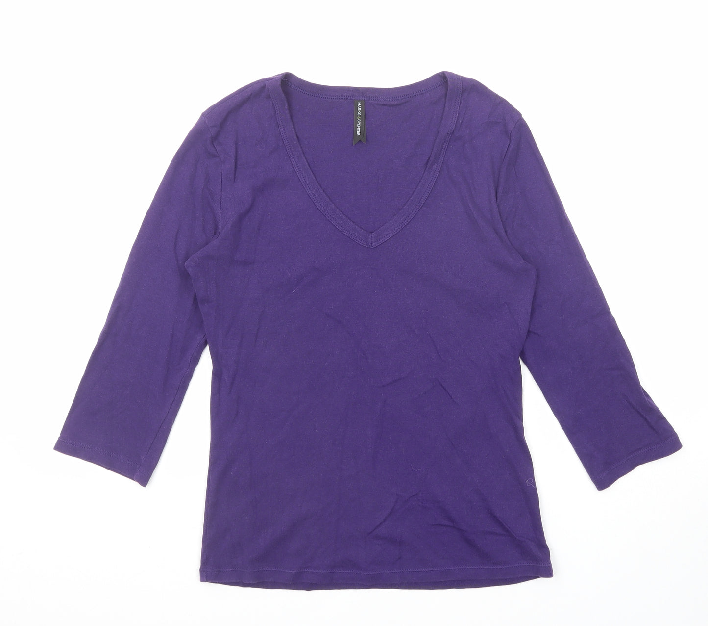 Marks and Spencer Womens Purple Cotton Basic T-Shirt Size 12 V-Neck
