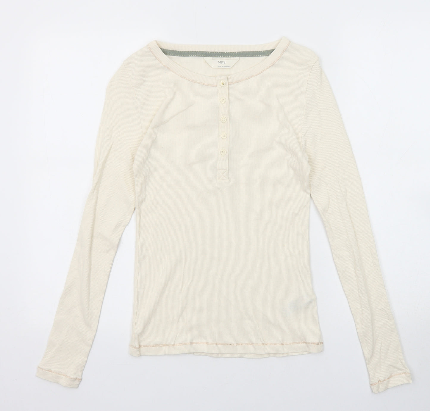 Marks and Spencer Womens Ivory Cotton Basic T-Shirt Size 8 Henley - Ribbed