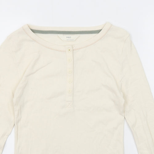 Marks and Spencer Womens Ivory Cotton Basic T-Shirt Size 8 Henley - Ribbed