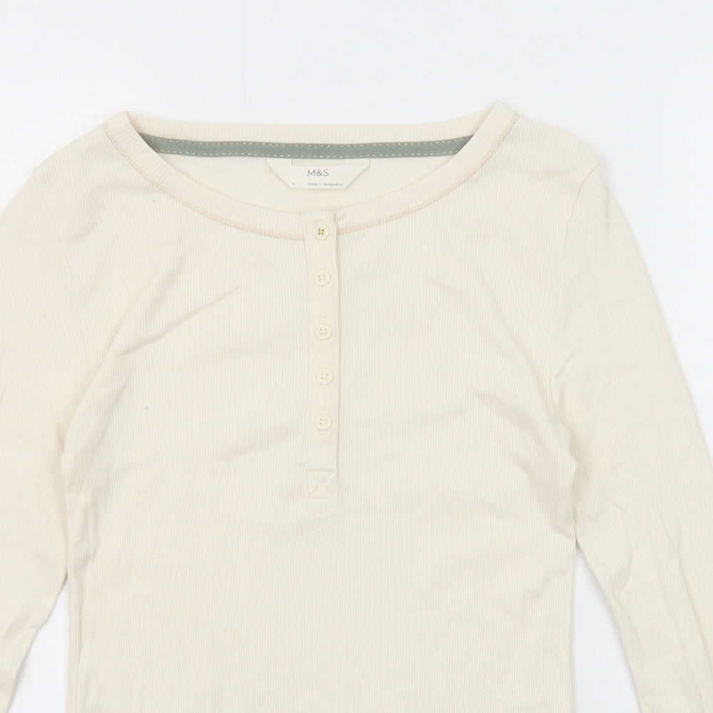 Marks and Spencer Womens Ivory Cotton Basic T-Shirt Size 8 Henley - Ribbed