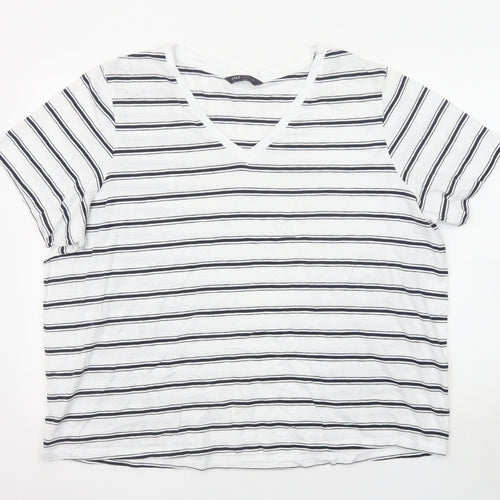 Marks and Spencer Womens White Striped Cotton Basic T-Shirt Size 24 V-Neck