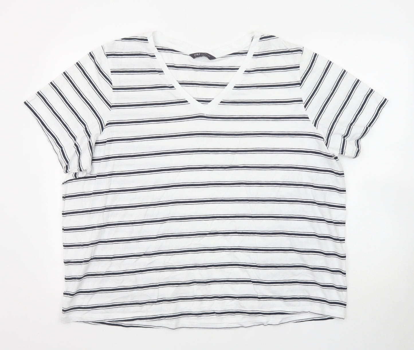 Marks and Spencer Womens White Striped Cotton Basic T-Shirt Size 24 V-Neck