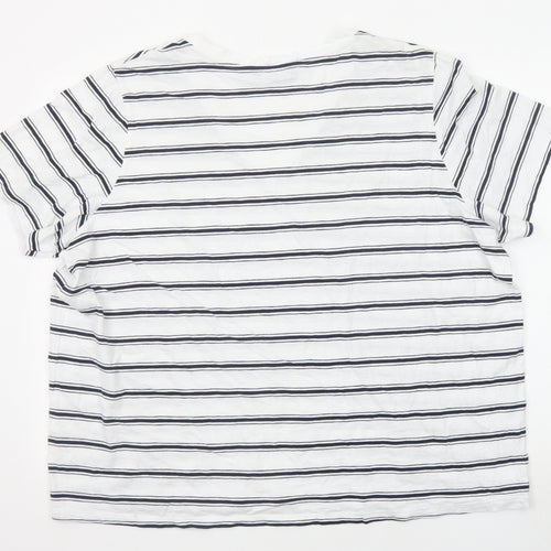 Marks and Spencer Womens White Striped Cotton Basic T-Shirt Size 24 V-Neck