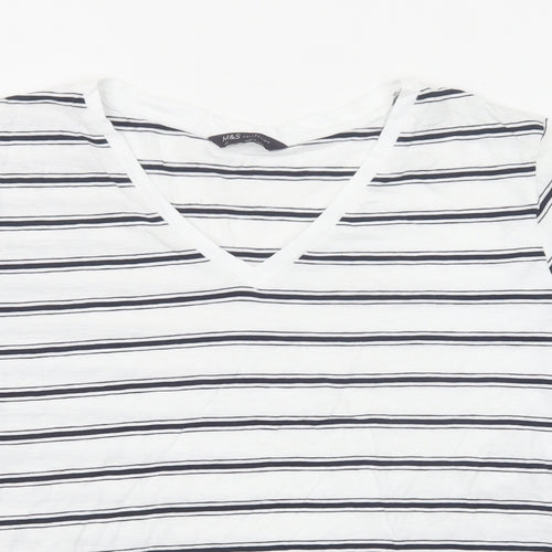 Marks and Spencer Womens White Striped Cotton Basic T-Shirt Size 24 V-Neck