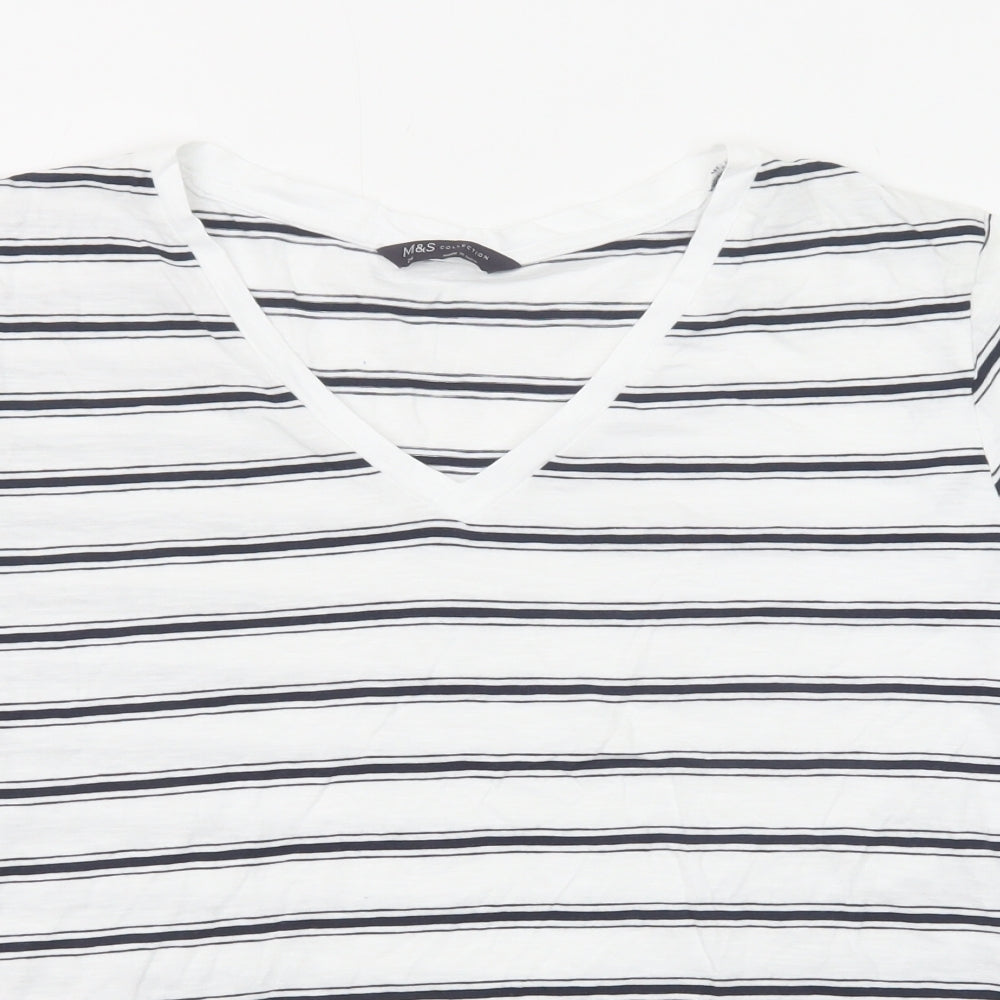 Marks and Spencer Womens White Striped Cotton Basic T-Shirt Size 24 V-Neck