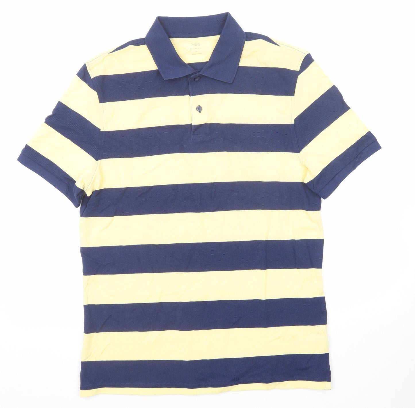 Marks and Spencer Mens Yellow Striped Cotton Polo Size M Collared Button