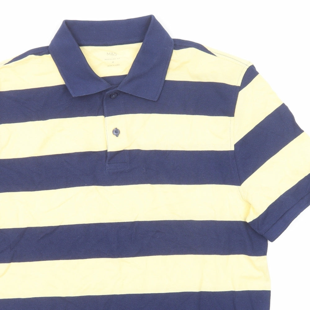 Marks and Spencer Mens Yellow Striped Cotton Polo Size M Collared Button