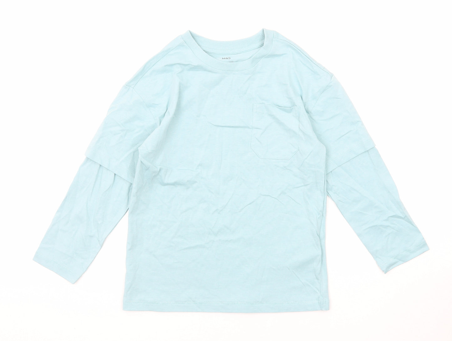 Marks and Spencer Boys Blue Cotton Basic T-Shirt Size 6-7 Years Crew Neck Pullover