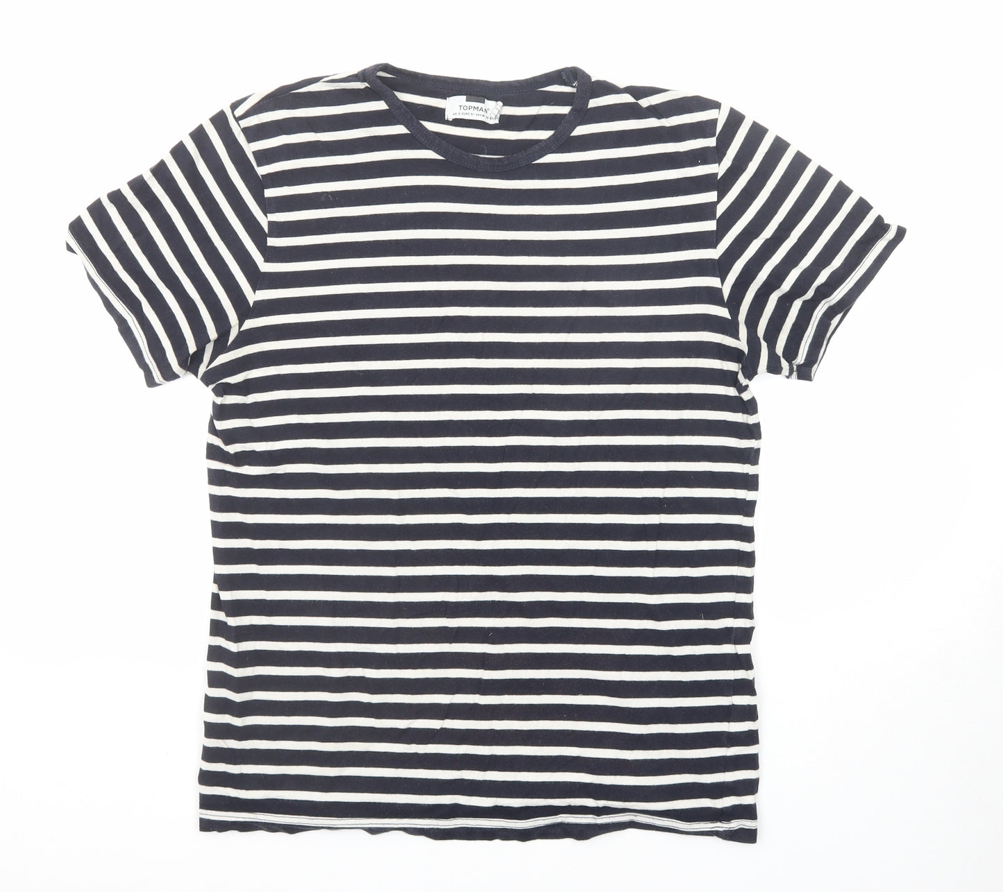 Topman Mens Blue Striped Cotton T-Shirt Size S Round Neck