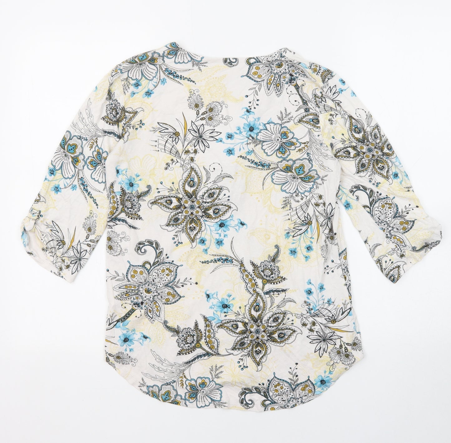 M&Co Womens Ivory Floral Viscose Basic Blouse Size 10 V-Neck