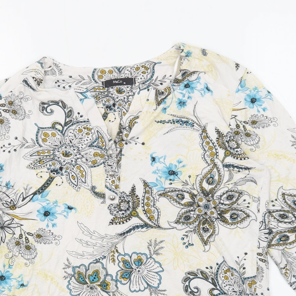 M&Co Womens Ivory Floral Viscose Basic Blouse Size 10 V-Neck