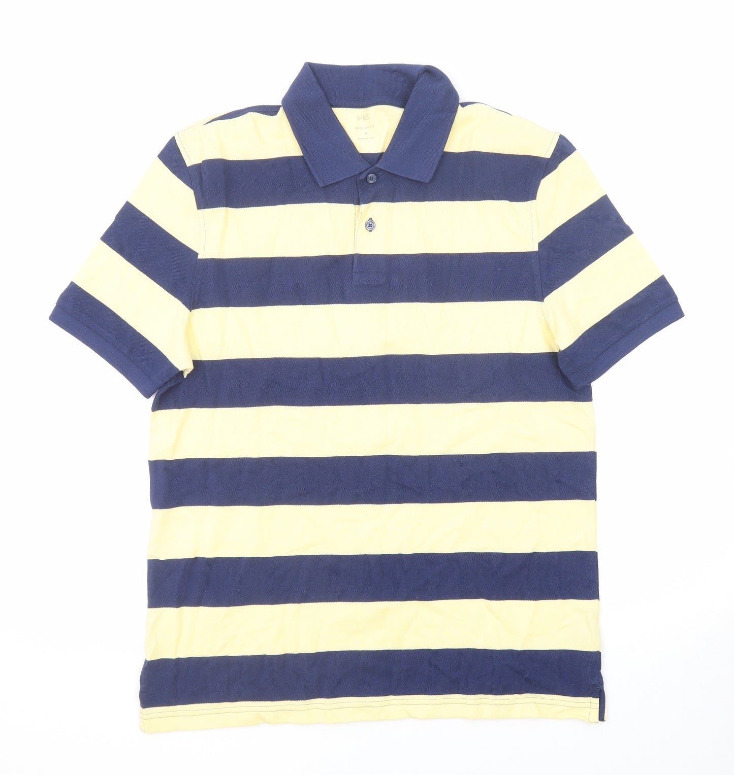 Marks and Spencer Mens Blue Striped Cotton Polo Size M Collared Button