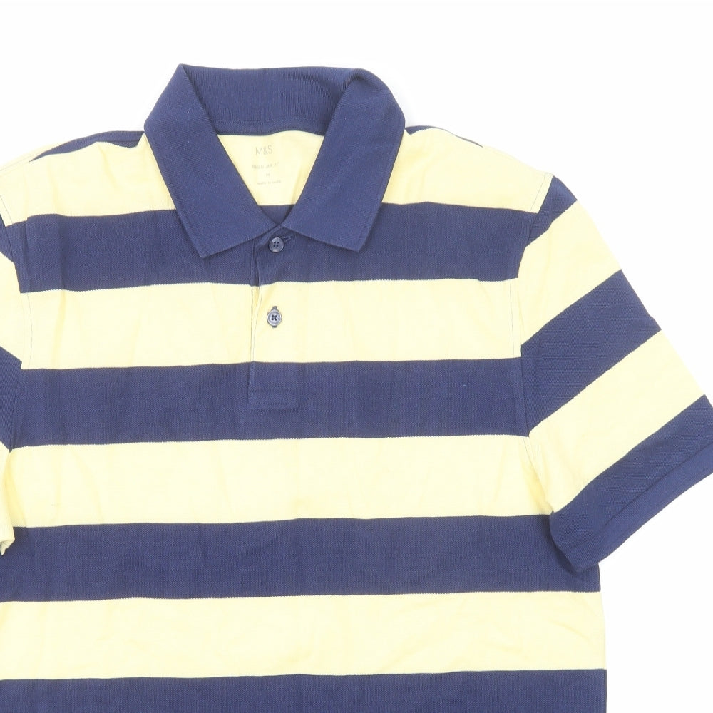 Marks and Spencer Mens Blue Striped Cotton Polo Size M Collared Button